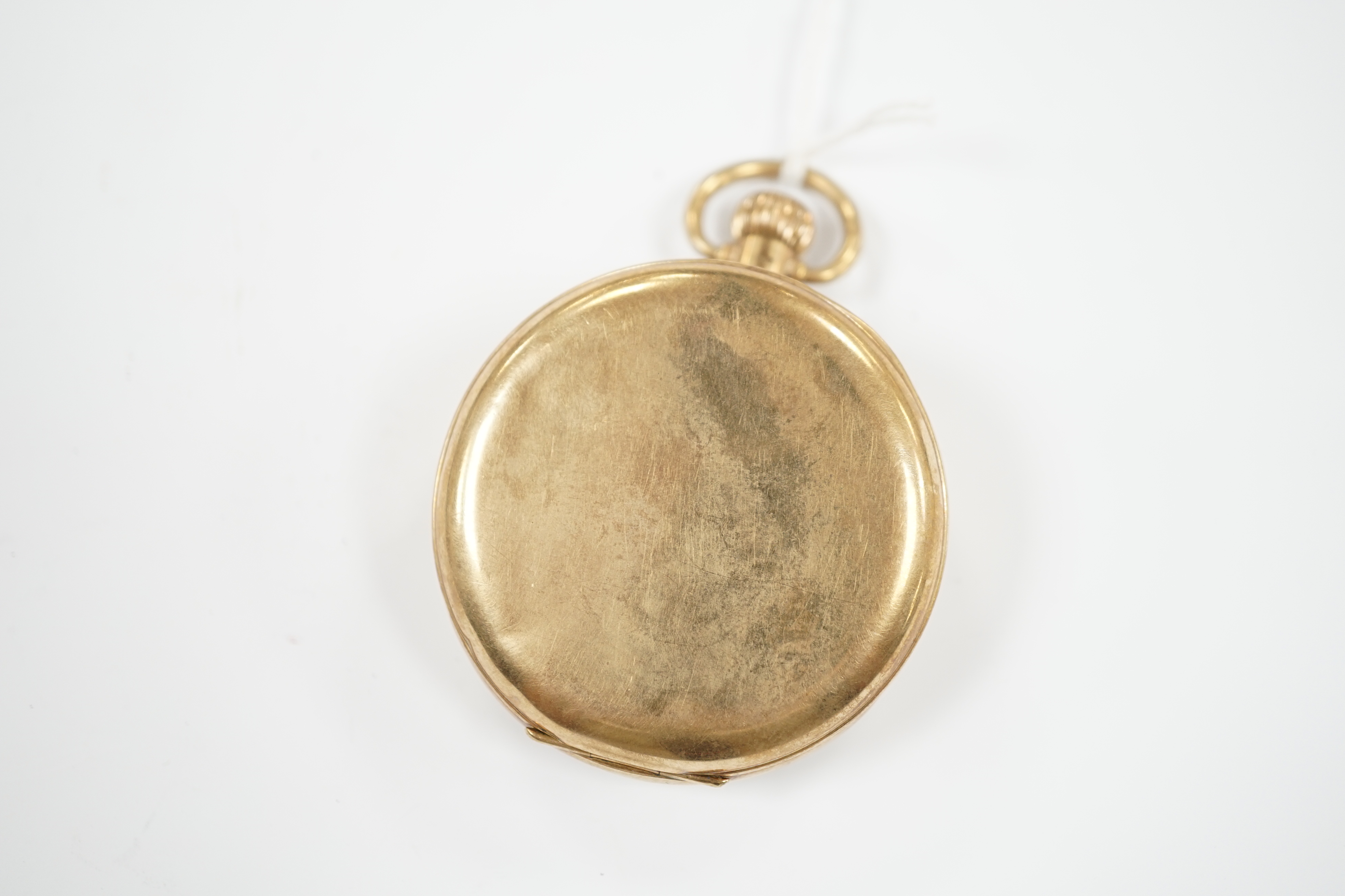 A George V 9ct gold open face keyless pocket watch, retailed by H.L. Brown Ltd, with Arabic dial and subsidiary seconds, case diameter 48mm, gross weight 78.5 grams